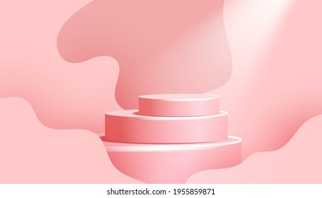 Cylinder podium with wave shape and shadow on cream pink background, minimal scene with geometrical forms