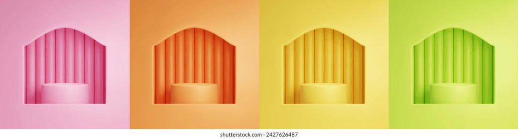 Podios de cilindro en ventanas de arco. Ilustración vectorial realista de plataforma redonda sobre fondo rosa, naranja, amarillo, verde pastel con patrón de línea vertical, escenario vacío para la presentación del producto