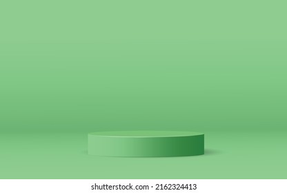 Cylinder podiums on green background. Abstract pedestal scene with geometrical. Scene to show cosmetic products presentation. Mock up design empty space. Showcase, shopfront, display case,