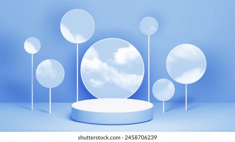 Cylinder product podium mockup with round mirrors or portals with clouds on sky in pastel blue studio room interior background. Realistic 3d vector display platform. Minimal composition with stand.