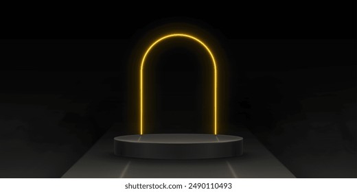 Cylinder product podium with neon yellow arch in black studio room interior. Realistic 3d vector illustration of podium for goods show and presentation. Dark stage with light golden arc decoration.