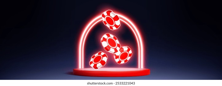 Cilindro producto podio con luz de neón rojo brillante volando fichas de casino y línea de arco sobre fondo oscuro. Ilustración vectorial realista en 3D de la plataforma de juego con token para el diseño del ganador de apuestas.