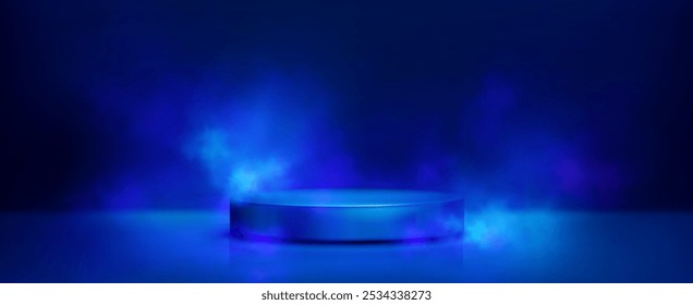 Cylinder product podium with smoke clouds and neon glow effect in dark blue studio room interior. Realistic 3d vector night sky goods display pedestal with steam. Dreamy round platform with fog.