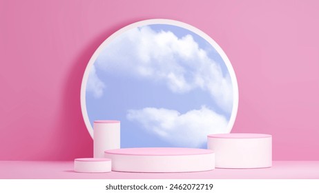 Modelo de pasos de podio de producto de cilindro con nubes en el cielo en espejo redondo sobre fondo de sala de estudio rosa pastel. Plantilla realista de la plataforma de la exhibición del Vector 3D. Escena abstracta mínima con pedestal.