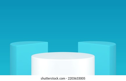 Cylinder semicircle podium foundation display champion award exhibition product presentation realistic vector illustration. Rounded pedestal white blue 3d studio background showcase contest expo block