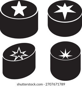 Iconos de forma de cilindro con diferentes perspectivas de estrella.