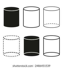 Symbole für Zylinderformen. Verschiedene Zylinderstile. Symbole für geometrische Vektorgrafiken. Durchgezogene und gestrichelte Konturen.