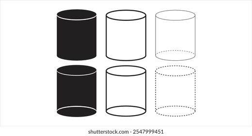 Ícones de forma do cilindro. Diferentes estilos de cilindro. Símbolos vetoriais geométricos. Contornos sólidos e tracejados.