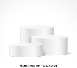 Cylinder shape white elegant pedestals for an object, or product presentation. An abstract aesthetic scene with geometric form podiums. Vector stage template.