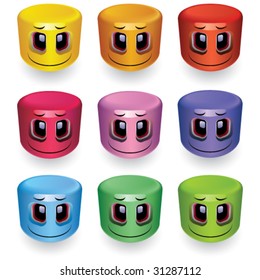 Cylinder shaped smiling balls in different colors