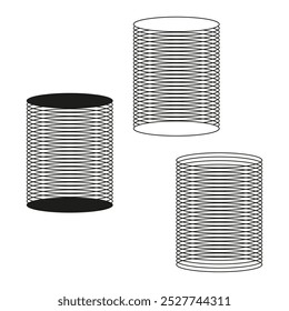 Formas cilíndricas con líneas. Formas geométricas de Vector. Objetos abstractos de estructura metálica. Blanco y negro.