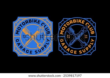 cylinder with sparking plug flame crossed retro badge logo design for garage, spare part, extreme sport. piston with sparking plug fire crossed emblem logo collection for racer, motorcycle, rider 