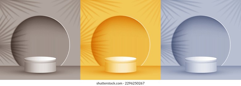Cylinder stage platform product showcase pedestal vector illustration in different colors. Palm leaves shadow, arch wall. Podium award scene set. Base stage platform presentation pedestal.