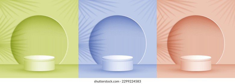 Cylinder stage platform product showcase pedestal vector illustration in different colors. Palm leaves shadow on background wall. Podium award scene set. Base stage platform presentation pedestal.