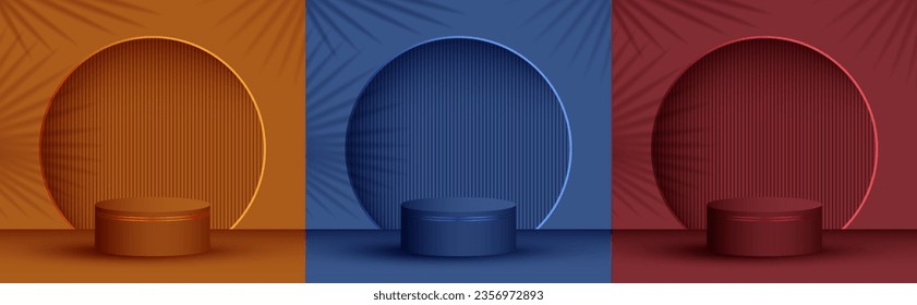 El producto de la plataforma de escenario del cilindro muestra la ilustración del vector peatonal en diferentes colores. La sombra de las hojas de la palma, la pared del arco. Escena de la pantalla del podio. Arena de presentación de plataformas en etapa de pilar.
