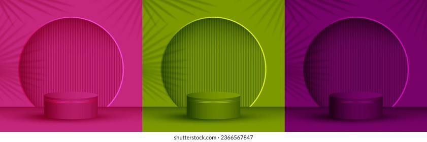 Cylinder stage platform product showcase pedestal vector illustration in different colors. Palm leaves shadow, arch wall. Podium award scene set. Pillar stage platform presentation arena.