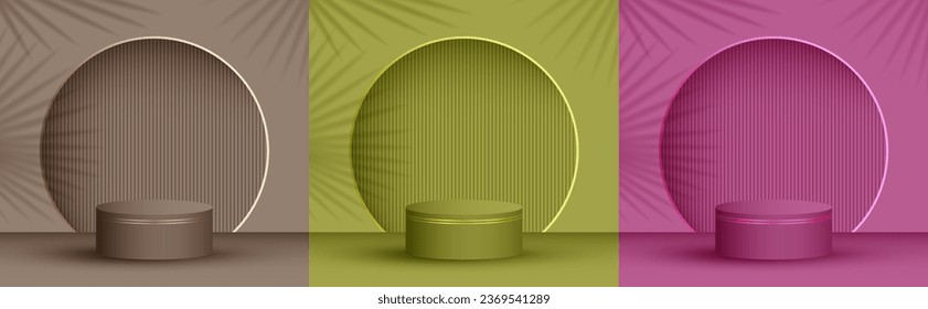 Cylinder stage platform product showcase pedestal vector illustration in different colors. Palm leaves shadow on background wall. Podium display scene set. Pillar stage platform presentation arena.