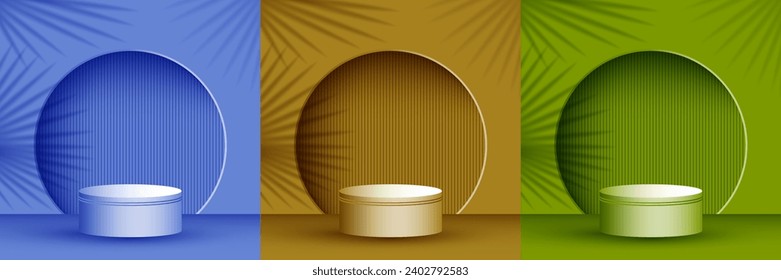 Cylinder stage platform product showcase pedestal vector illustration in different colors. Palm leaves shadow, arch wall. Podium display scene set. Base stage platform presentation pedestal.