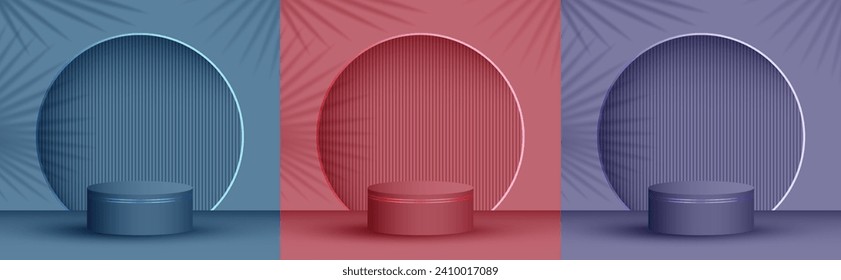 Cylinder stage platform product showcase pedestal vector illustration in different colors. Palm leaves shadow on background wall. Podium display scene set. Pillar stage platform presentation arena.