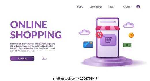 cylinder stage podium display 3d cute mobile smart phone with shop app ecommerce. Online shopping illustration concept with 3d icon.