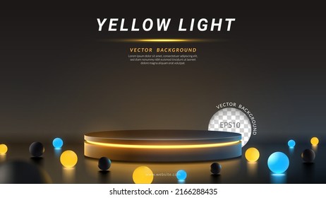 Escenario de cilindros con luz de neón amarillo, balón brillante sobre un fondo negro. Concepto de diseño para la presentación de productos. Diseño horizontal, ilustración vectorial