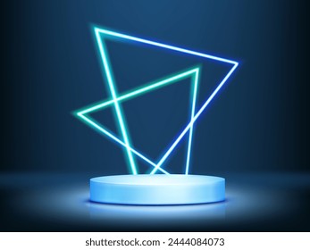 Cylinder step product podium with decorative triangle neon elements in studio room interior with pastel blue wall and floor. Realistic 3d vector minimalist scene with goods showcase mockup.