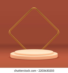 Cylinder steps pedestal with rhombus frame display showcase decorative design realistic vector illustration. Rounded podium advertising product presentation platform studio brown 3d background