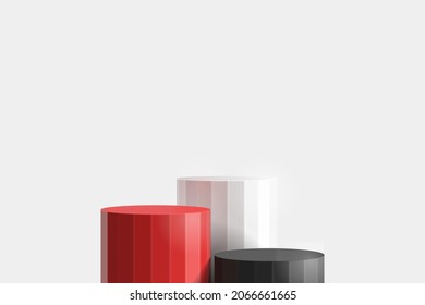 Cylinder three steps of red, white, black, blank product stand on white background. Vector illustration.