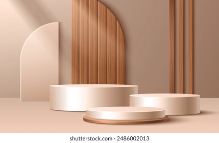 Cylinder three steps stair product podium in beige pastel studio room interior with wood striped arch decorative elements and shadow on wall. Realistic 3d vector showcase stage for goods promotion.