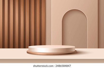 Cylinder three steps stair product podium in beige pastel studio room interior with wood striped arch decorative elements and shadow on wall. Realistic 3d vector showcase stage for goods promotion.