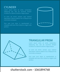 Cylinder and triangular prism, collection of posters with shapes and text samples, letterings and cylinder with prism, isolated on vector illustration