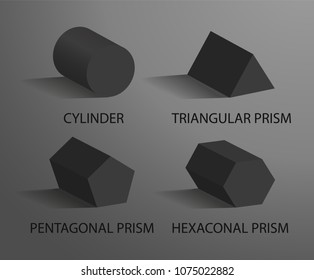 Cylinder triangular prism pentagonal and hexagonal vector illustration black geometric figures isolated on grey, 3D cylinder geometry