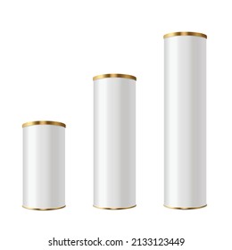 Cylinder tube blank box in three various length templates, realistic vector illustration isolated on white background. Round gift or snack boxes with gold lids.