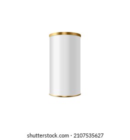 Cylinder tube or pipe shaped packaging mockup, 3D realistic vector illustration isolated on white background. Round can packaging template with golden lid and base.