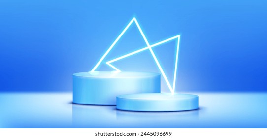 Cylinder two steps product podium with decorative triangle neon elements in studio room interior with pastel blue wall and floor. Realistic 3d vector minimalist scene with goods showcase mockup.