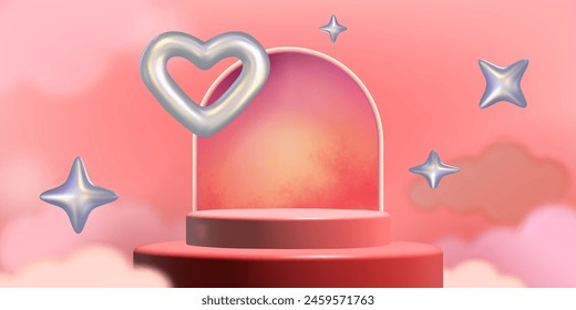 Cylinder two steps stairs red product podium with arch, heart and sparkle shape. Pink Valentine day background with goods display platform. Realistic 3d vector romantic bg with stage and love symbol.