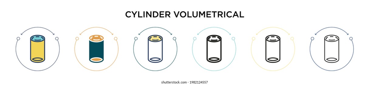 Icono volumétrico del cilindro en el estilo relleno, delgado, contorno y trazo. Ilustración vectorial de dos diseños de iconos vectoriales volumétricos de cilindros de color y negro para móviles, ui, web