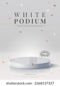 Cylinder white pedestal podium with confetti on white background. Vector illustration