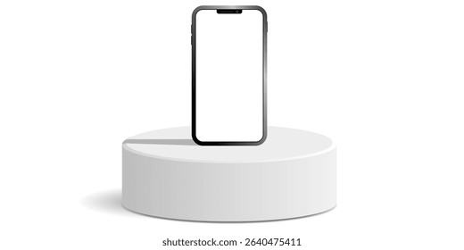 Cylinder white podium stage pedestal and platform with blank smartphone display mockup. Ideal for mobile product showcase, app design preview, or digital device marketing presentation.