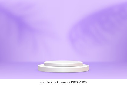 Cylinder wood podium in purple background with shadow leaves. Scene to show cosmetic product, Showcase, shop front, display case. 3d vector illustration.