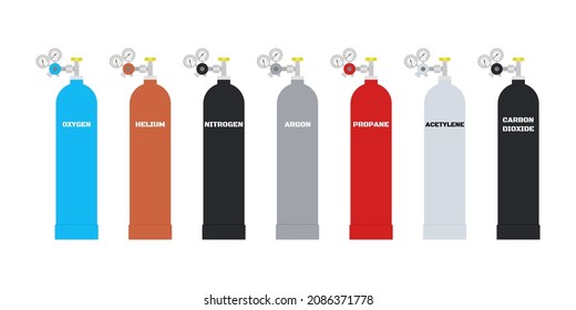 Cylinders With Different Types Of Liquid Gas. Container Balloon Gas. Oxygen, Helium, Nitrogen, Argon, Propane, Acetylene And Carbon Dioxide In Different Color Package. Vector Illustration
