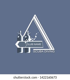 Cylinders for diving in the triangle. Scuba diving. Emblem, club logo on a gray background. The concept of sports diving.