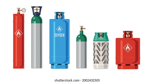 Cylinders gas. LPG propane container. Metal balloon for compressed oxygen and flammable fuel. Isolated tanks with natural butane. Industrial explosive products. Vector equipment set