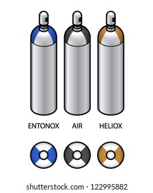 Cylinders of medical gas mixtures in industry standard colours. White body variation.