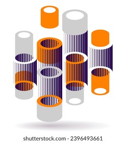 Cylinders pattern vector abstract 3D isometric background, geometric wallpaper with rhythmic structure, construction theme, creative design.