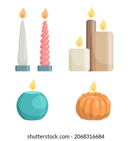 Cylinder-shaped aromatic burning wax candles, brown shades, orange pumpkin, pink spiral, blue ball, gray teardrop.