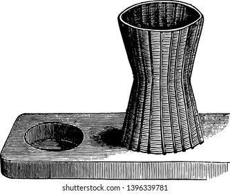 La cesta cilíndrica se contrae ligeramente en el medio, se conoce por los tamices de té que se colocan en esta cesta, dibujo de línea vintage o ilustración de grabado.