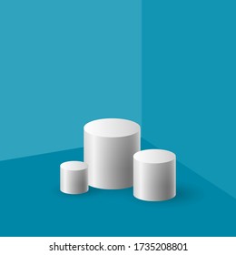 Cylindrical boxes for demonstration on the background of the corner with blue walls and floor, white podium stand , vector illustration