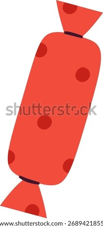 A cylindrical candy wrapped with polka dots in a flat style. The sweet treat is enclosed in a dotted wrapper with a simplistic appearance. Cartoon vector illustration.