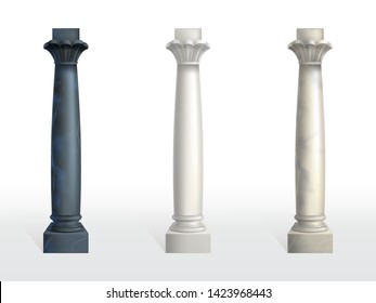 Cylindrical columns of black, white and beige marble stone with petals and rings on capital realistic vector set isolated on white background. Ancient architecture design, buildings structure elements